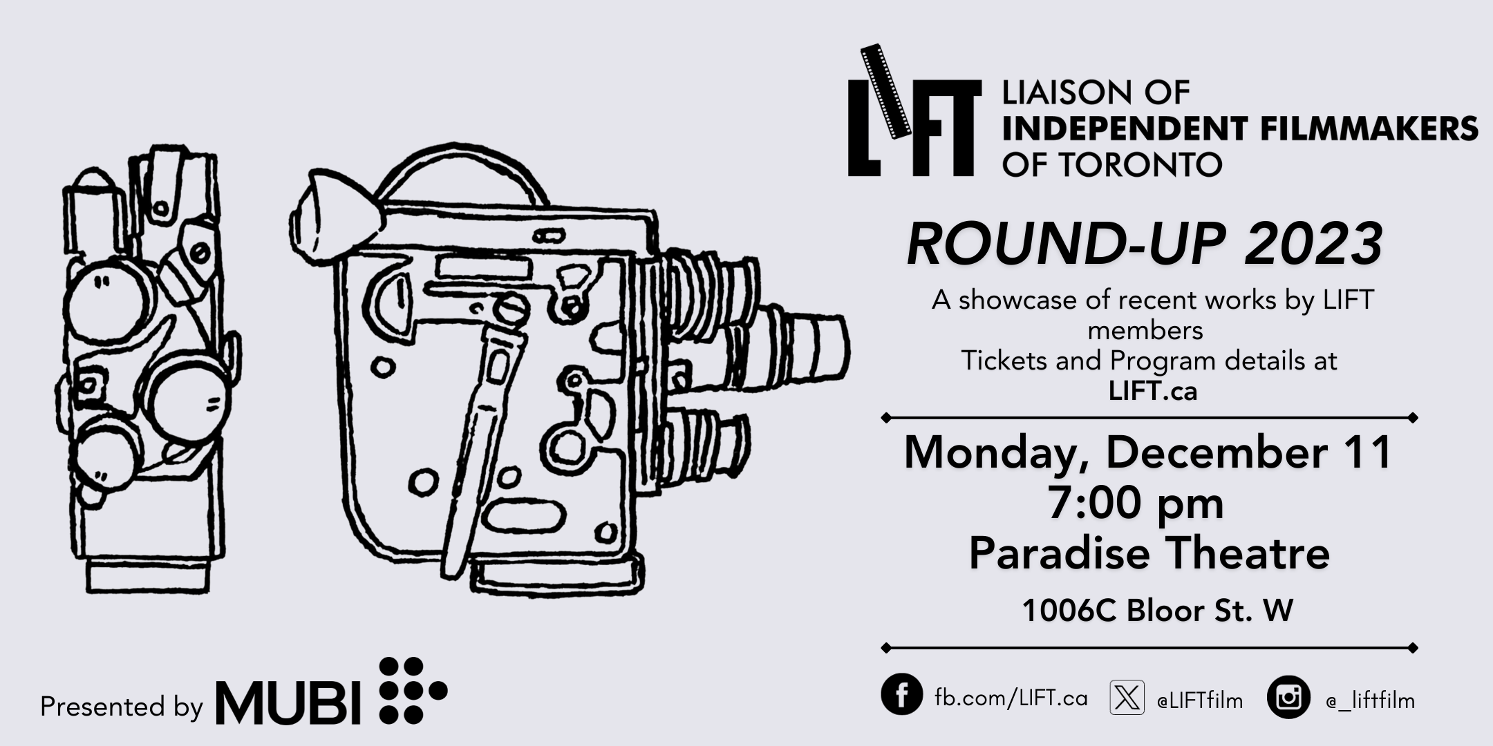 Infographic for the LIFT Round Up featuring a handline drawing of a Bolex 16mm camera